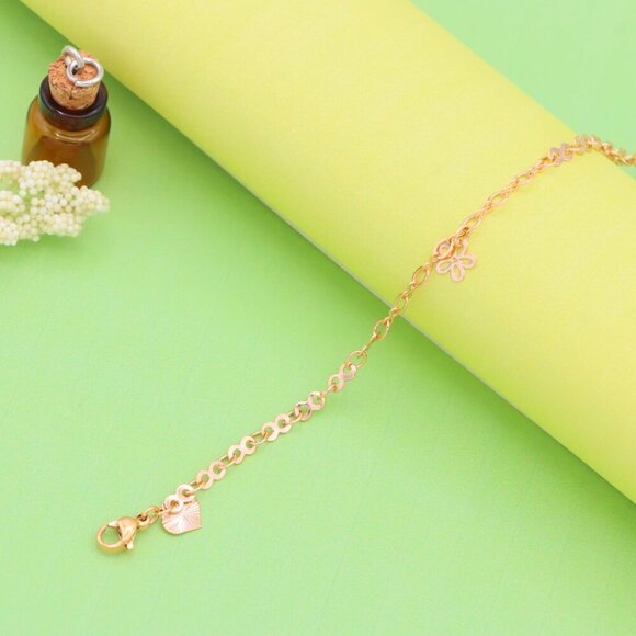 "Rose Gold Charm Anklet with Floral, Leaf & Square Link Accents, XPAL1045 - Picture 3 of 12